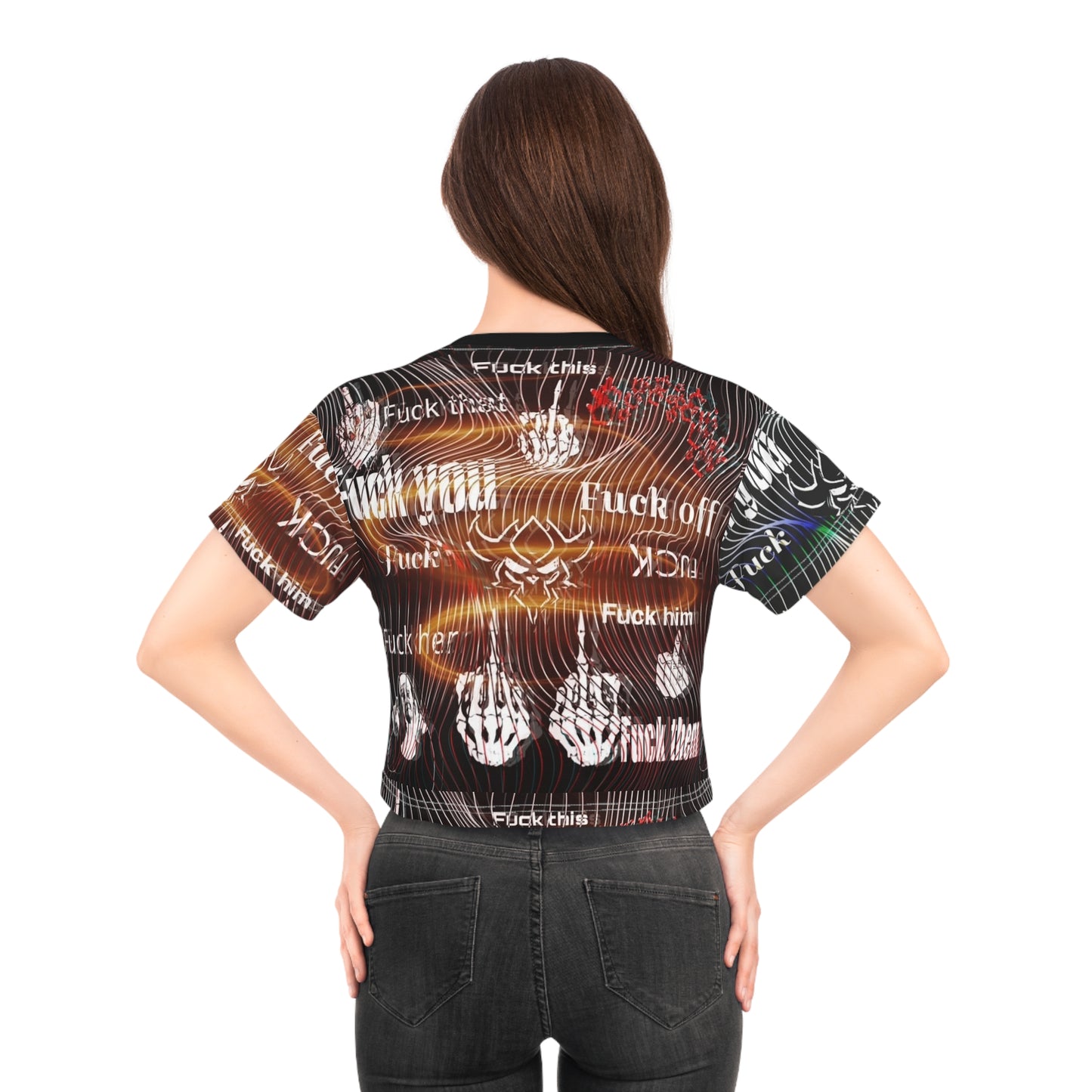 Edgy Graphic Crop Tee — All-Over Print "Fuck You / Fuck Off" Design