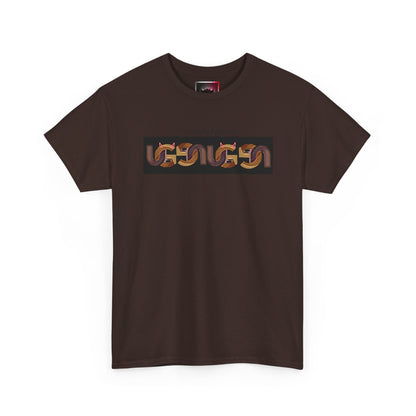 Retro Ungodly Apparel Flame Script Tee — Brown UG Link Pattern Graphic T-Shirt