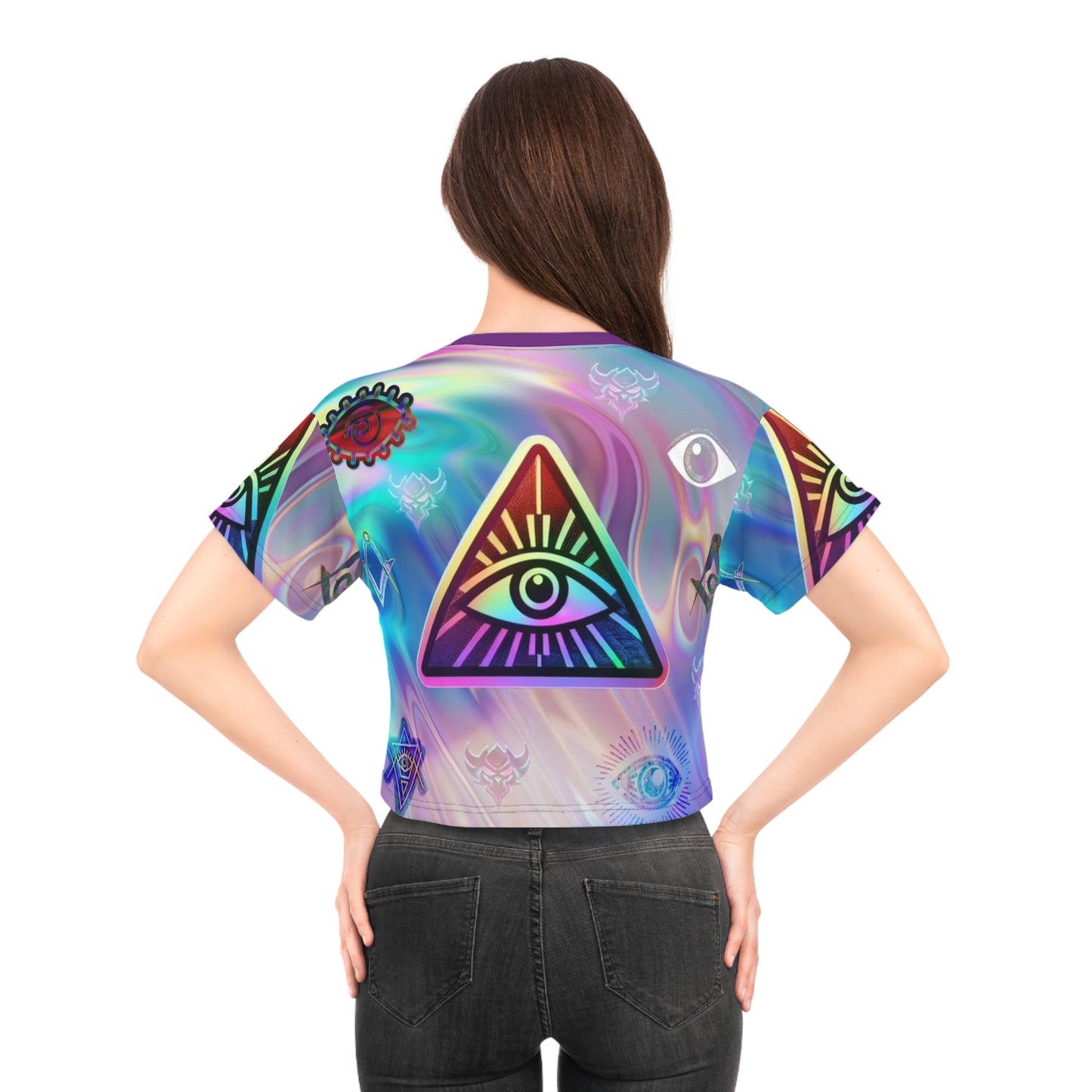 Illuminati Crop Tee — Mystical Holographic Graphic Top
