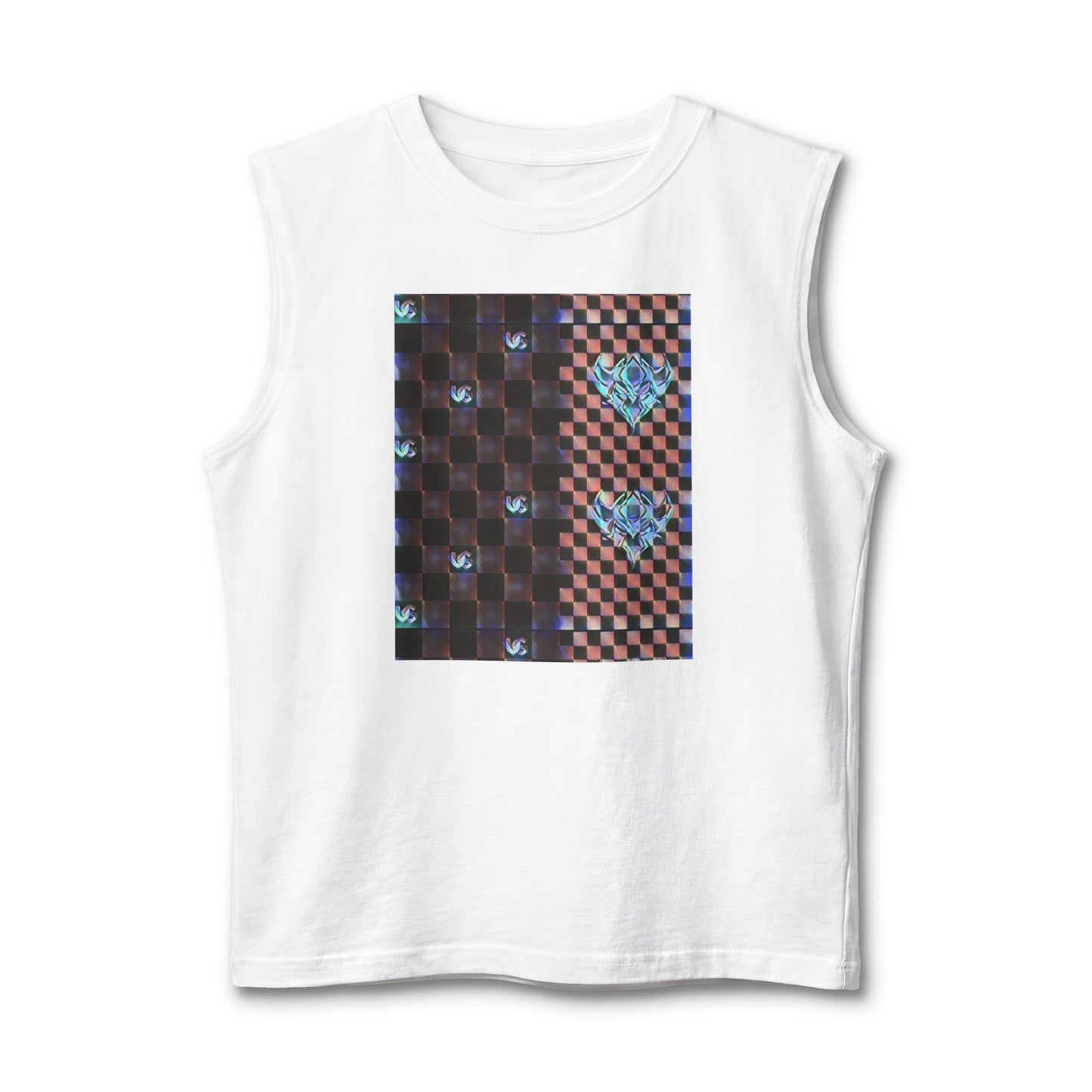 UG Checkerboard Pattern Muscle Tank — Retro Blue Holographic Logo