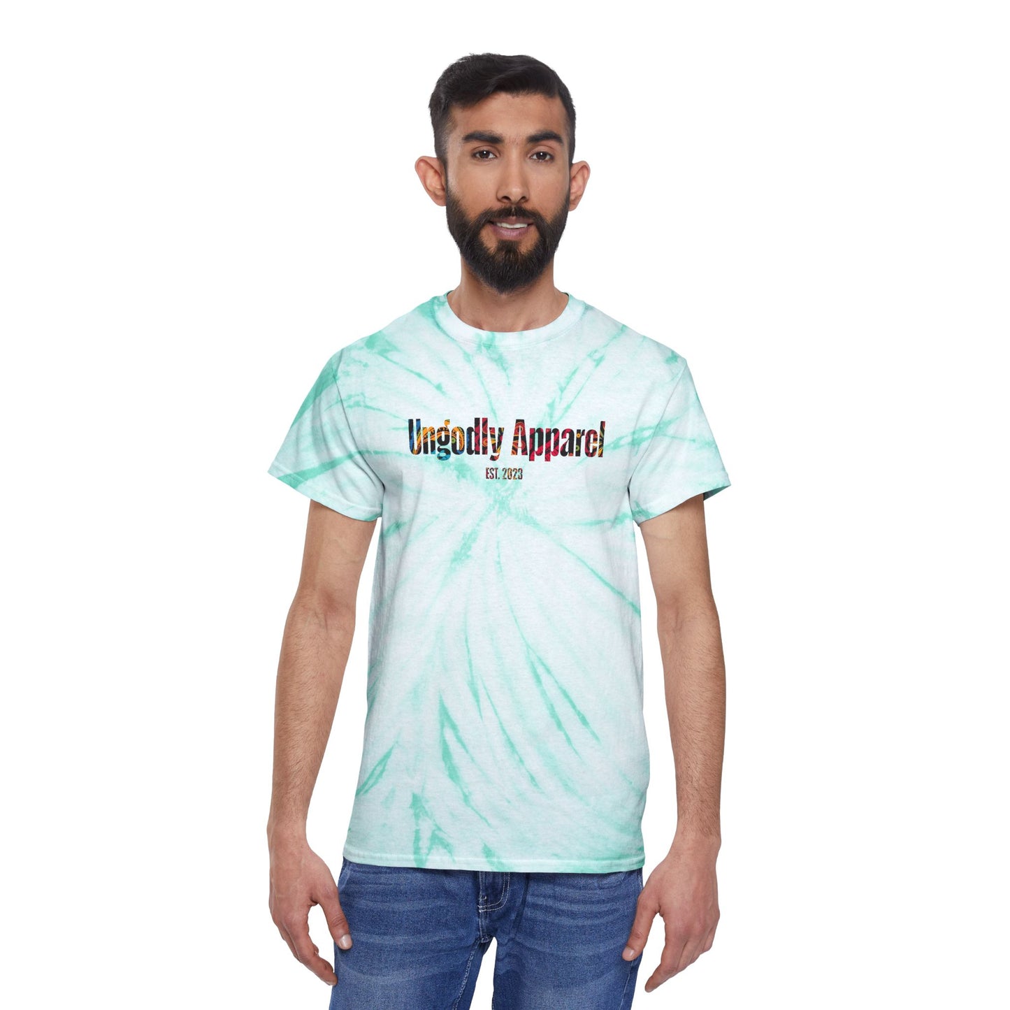 Tie-Dye Tee — Yellow Cyclone Spiral Tee with "Ungodly Apparel" Text