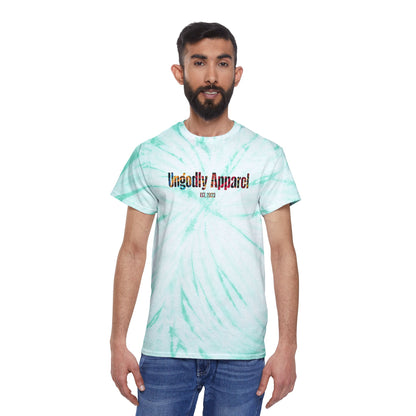 Tie-Dye Tee — Yellow Cyclone Spiral Tee with "Ungodly Apparel" Text