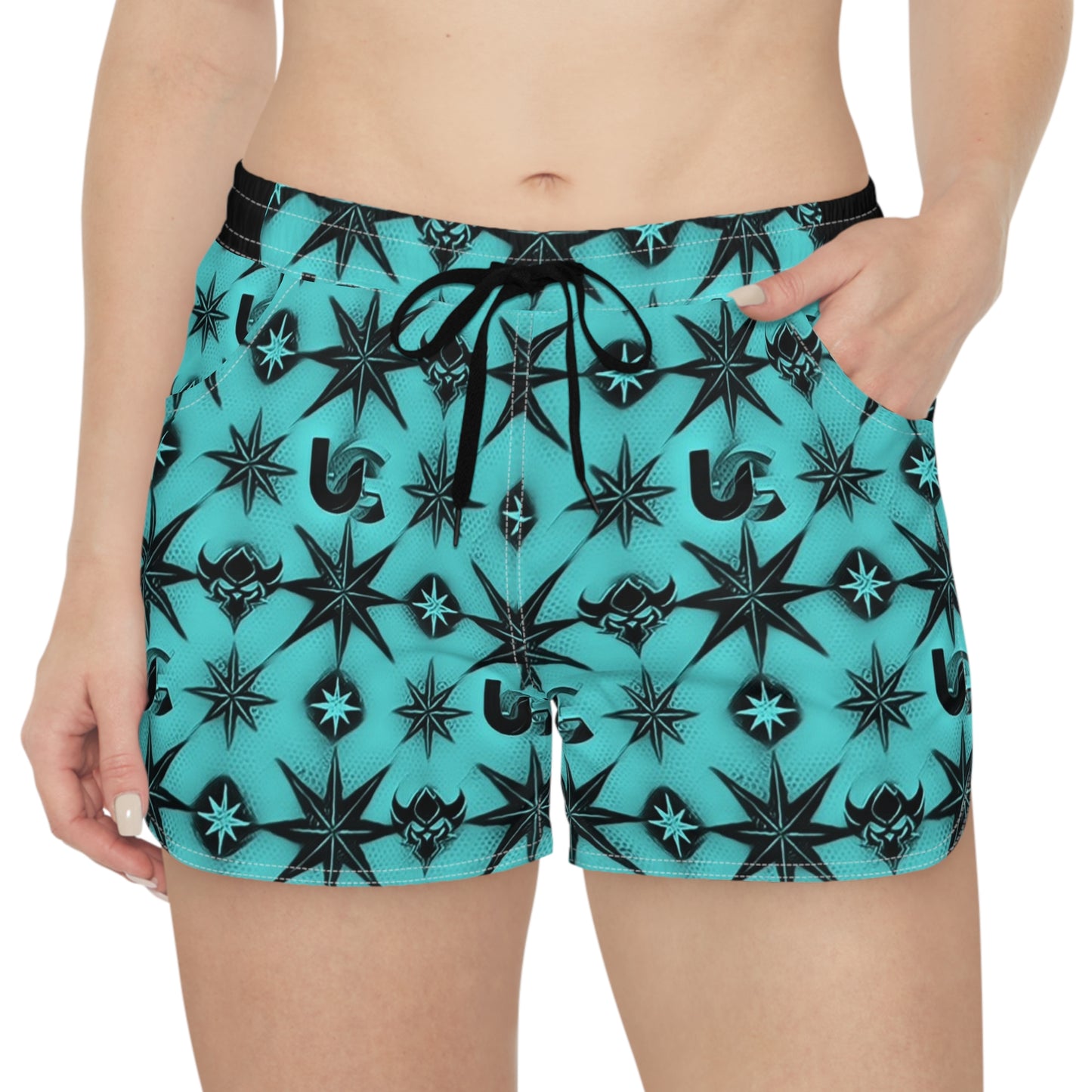 Turquoise Ungodly Apparel Logo Starburst Pattern Women's Casual Shorts — AOP Athletic Beachwear