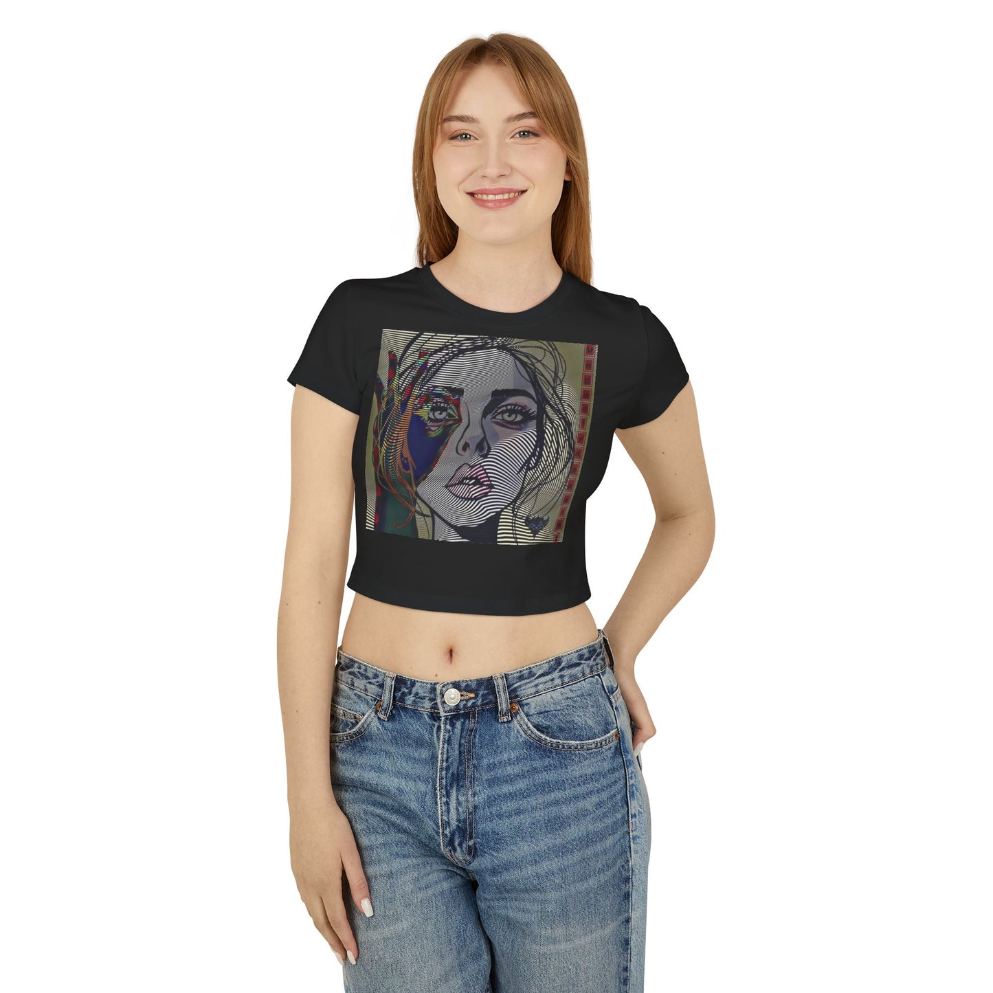 Abstract OK Symbol 666 Portrait Women's Baby Tee - Modern Line Art Face Graphic Crop Top