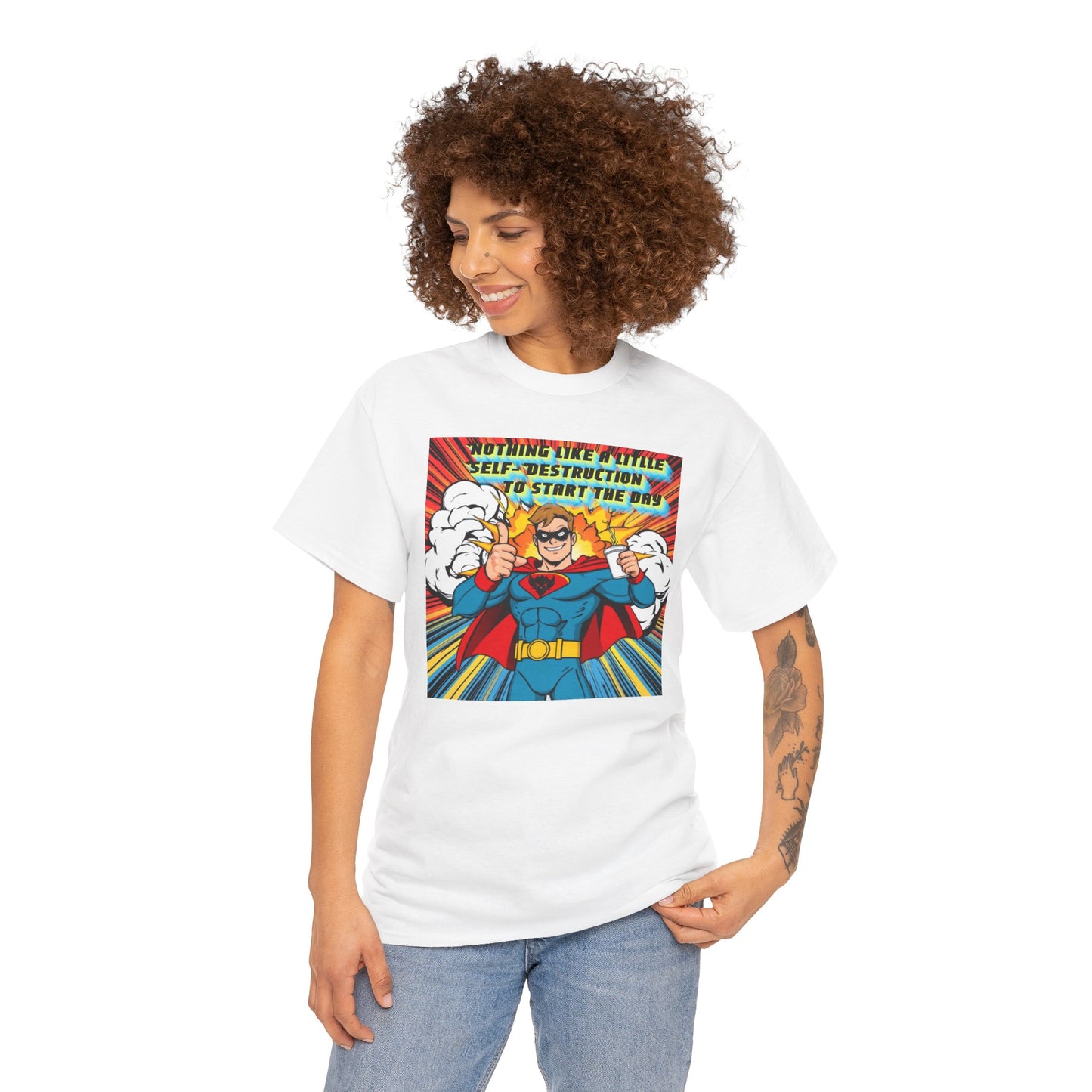 Comic Hero "Nothing Like a Little Self-Destruction to Start the Day" Unisex Heavy Cotton Tee