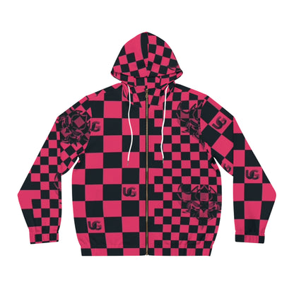 Red & Black Ungodly Checkerboard Full-Zip Hoodie — Retro Skate Streetwear