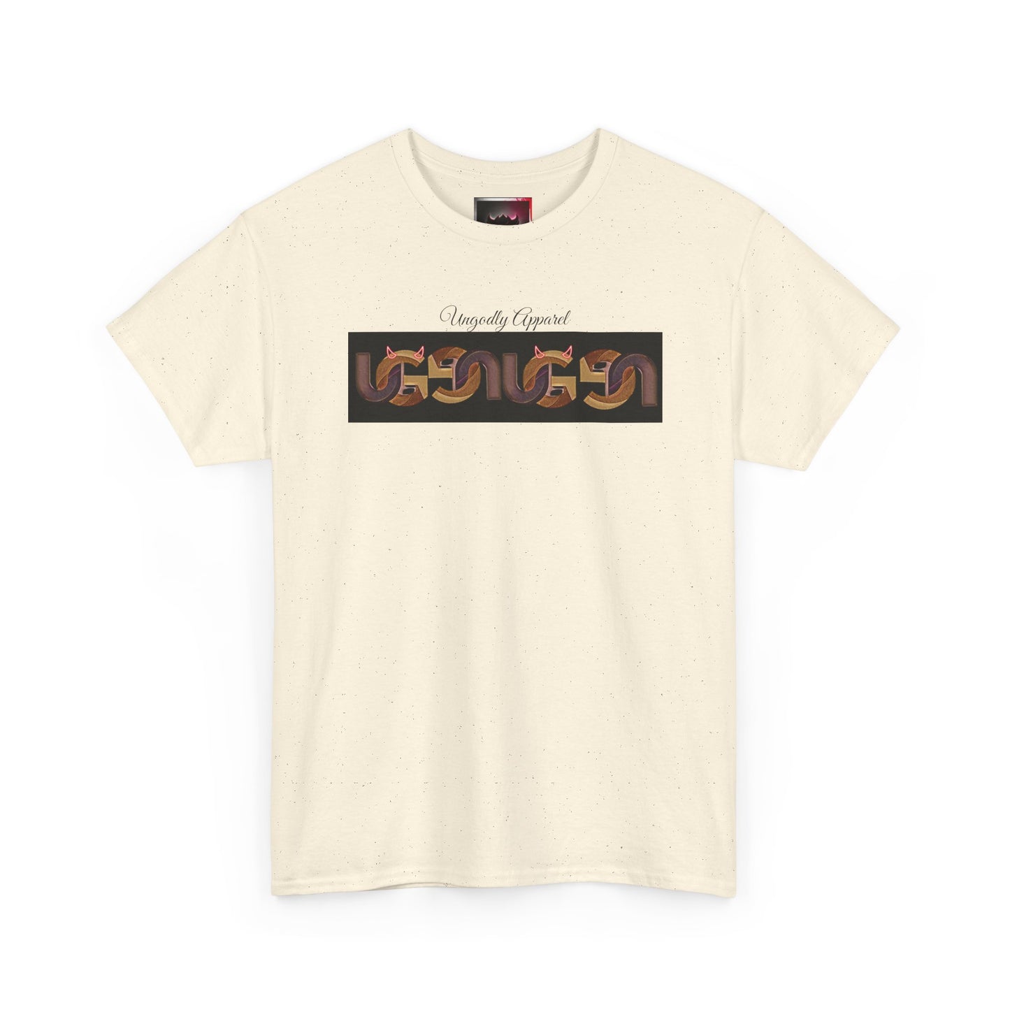 Retro Ungodly Apparel Flame Script Tee — Brown UG Link Pattern Graphic T-Shirt