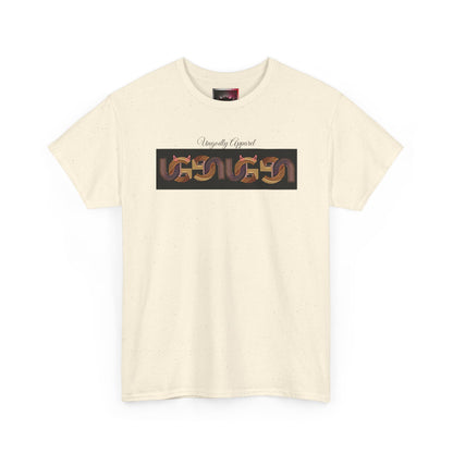 Retro Ungodly Apparel Flame Script Tee — Brown UG Link Pattern Graphic T-Shirt