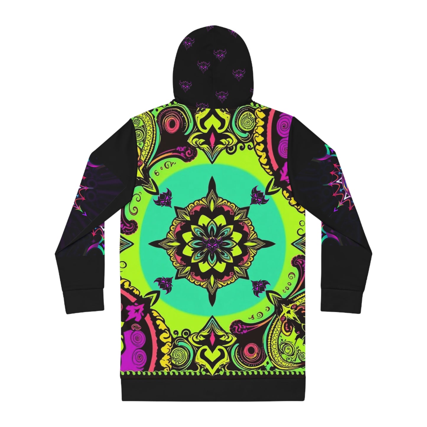 "Ungodly Green Paisley Bandana Hoodie" Boho Hooded Dress - Vibrant Colorful Mandala Design, Casual Wear, Festival Outfit, Unique Gift for Her, Cozy Sweater Dress