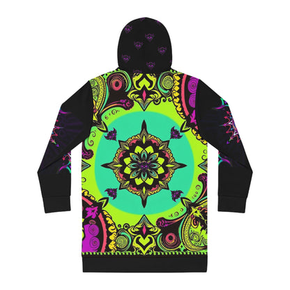 "Ungodly Green Paisley Bandana Hoodie" Boho Hooded Dress - Vibrant Colorful Mandala Design, Casual Wear, Festival Outfit, Unique Gift for Her, Cozy Sweater Dress