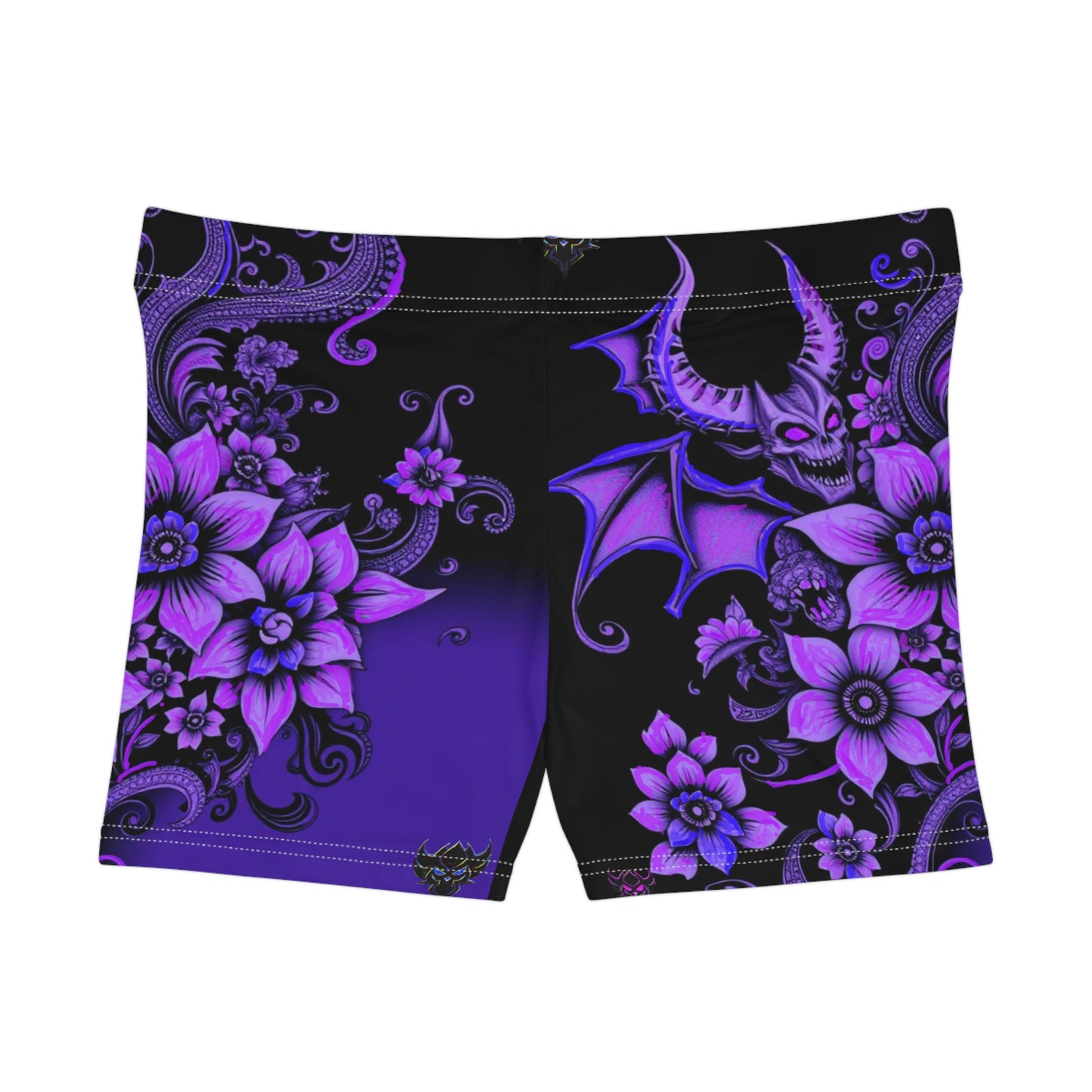 Gothic Floral Women's "Chill of Darkness" Shorts - Purple Bat Design
