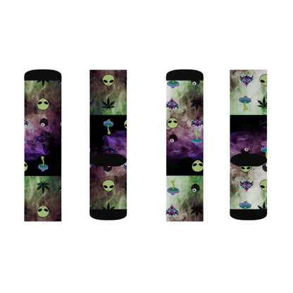 Alien Galaxy Sublimation Socks — Psychedelic UFO & Cannabis Pattern Crew Socks