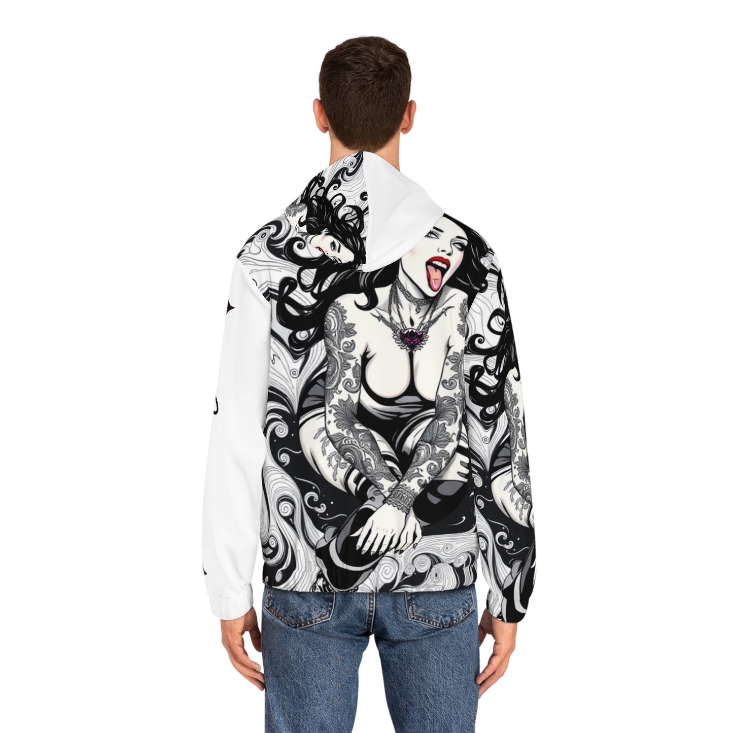 "Rolling" Gothic Mermaid Full-Zip Hoodie - Edgy Tattoo Design for Men/Unisex