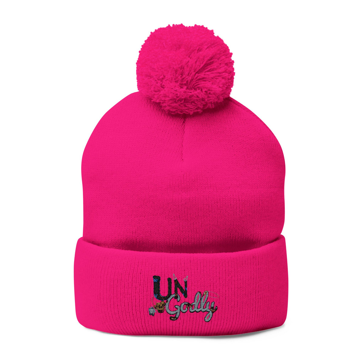 Blue and Gray Pom-Pom Knit Cap with Embroidered “UN” Design
