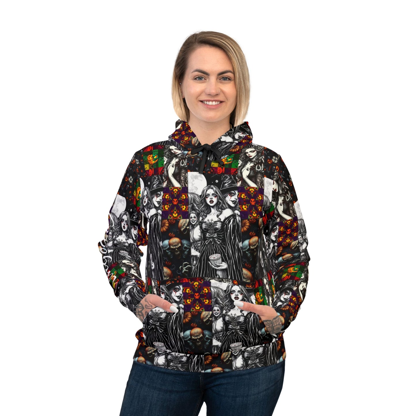 Gothic Vintage Athletic Hoodie, Spooky Fashion, Halloween Wear, Gothic Style, Unique Design, Cozy Hooded Sweatshirt