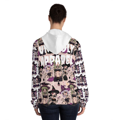 "Ungodly Apparel Witchy Wear" Gothic Witchy Full-Zip Hoodie for Women, Halloween Fashion, Witch Costume, Gift for Her, Trendy Hooded Sweatshirt