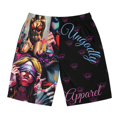 "Ungodly Fetish Board Shorts" Bold Graphic Board Shorts - Trendy Swimwear for Beach Days, Summer Fun, Pool Parties, or Vacation Style - Ungodly Apparel