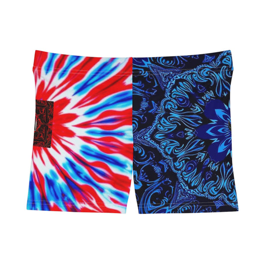 "Ungodly Patriotic" Vibrant Tie-Dye Women's Shorts, Bohemian Beachwear, Summer Activewear, Festival Outfit, Colorful Yoga Shorts