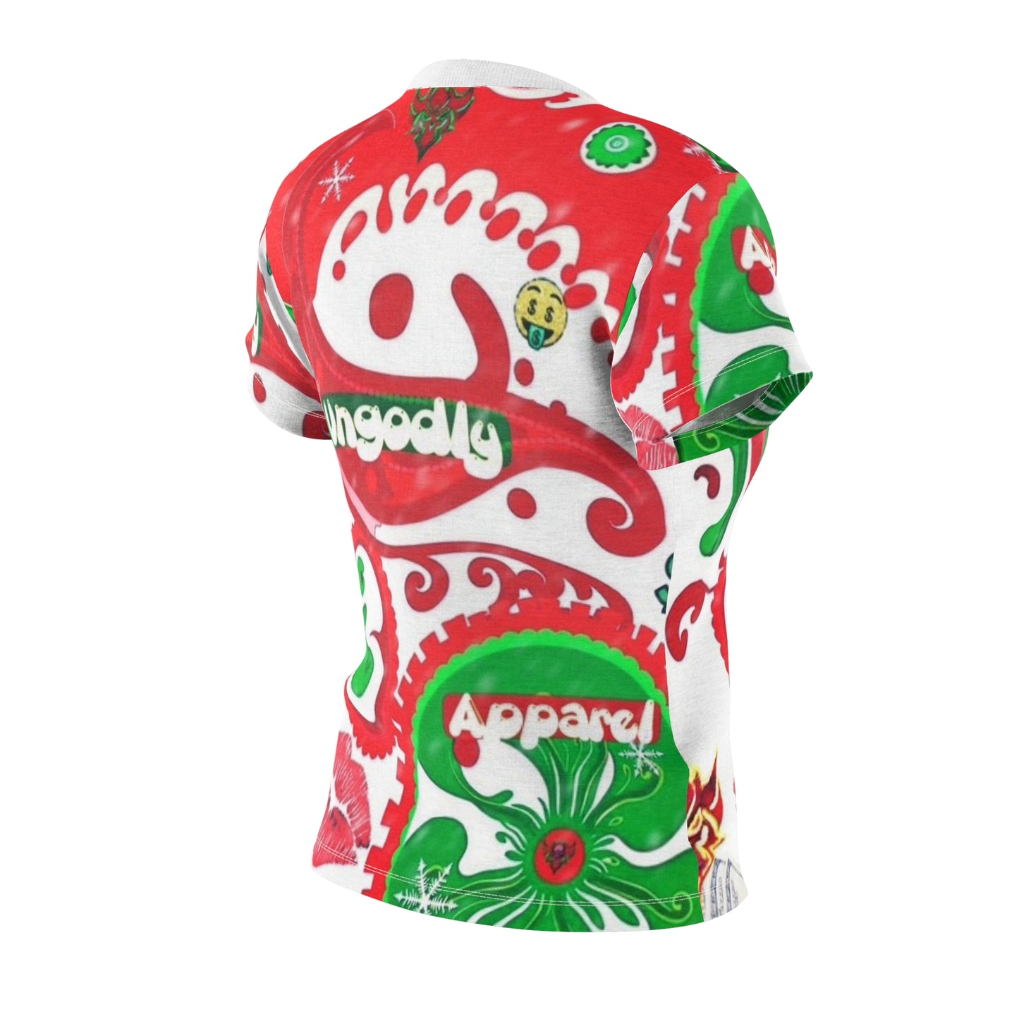 Christmas Graphic Tee — 'Ungodly Apparel' Red & Green All-Over Print Women's Shirt