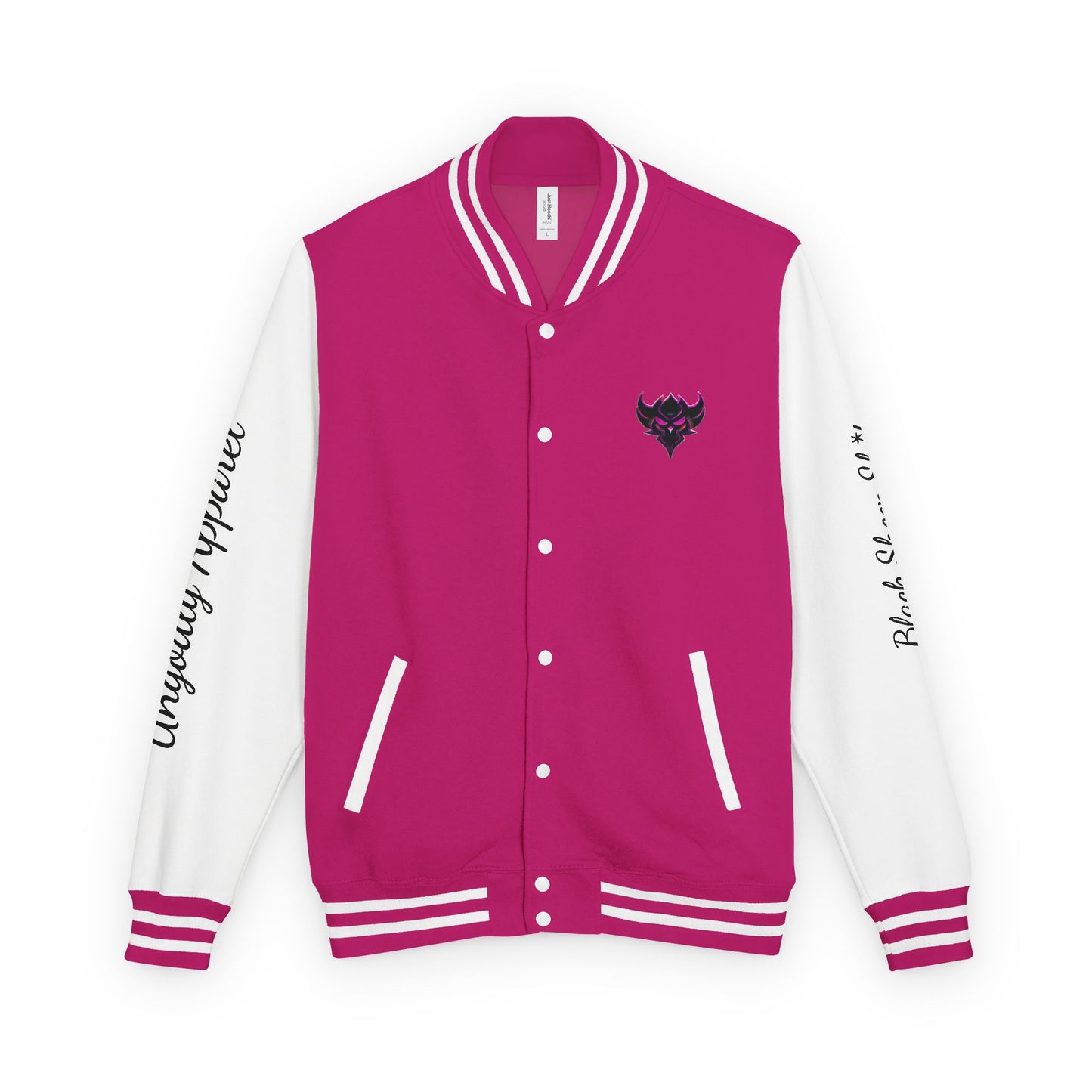 Letterman Jacket — Pink Kaleidoscope "Black Sheep of the Family"  Design with 'Ungodly Apparel' Sleeve Text