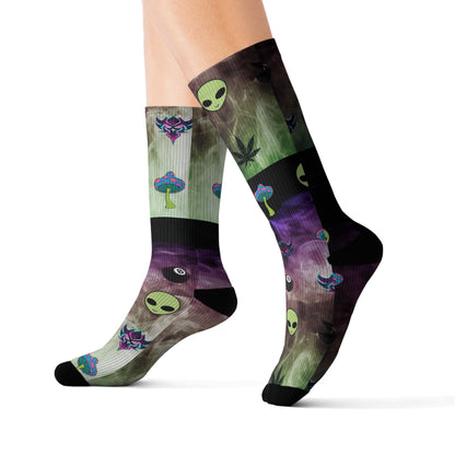 Alien Galaxy Sublimation Socks — Psychedelic UFO & Cannabis Pattern Crew Socks