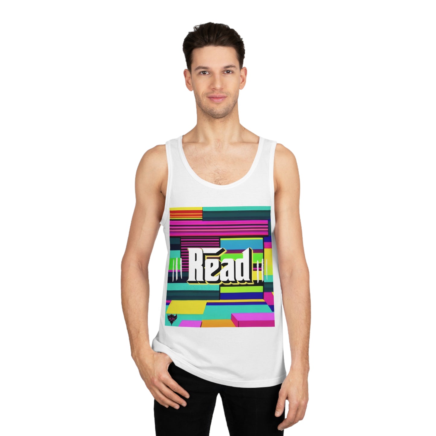 "Read Between the Lines" Colorful Read Tank Top, Unisex Softstyle™ Tank, Reading Gift, Book Lover's Apparel, Summer Fashion, Fun Literary Shirt