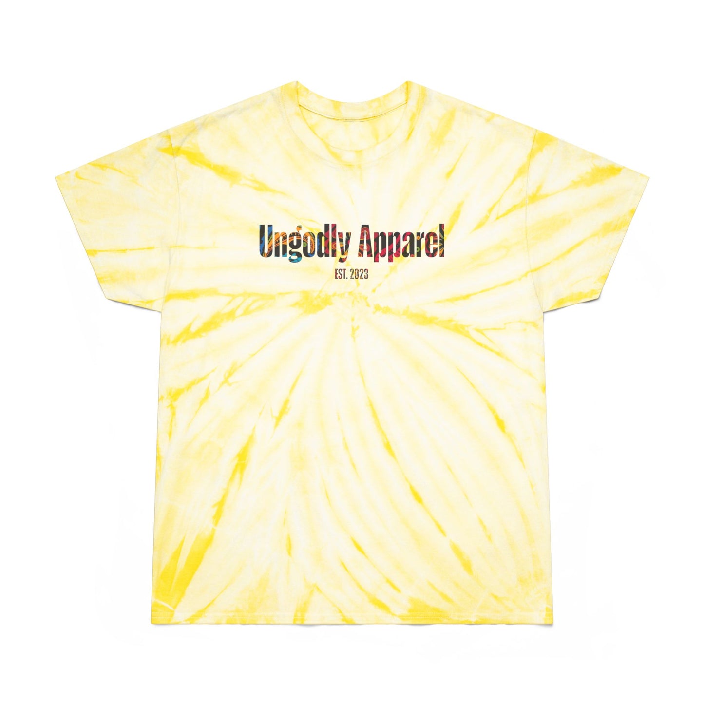 Tie-Dye Tee — Yellow Cyclone Spiral Tee with "Ungodly Apparel" Text