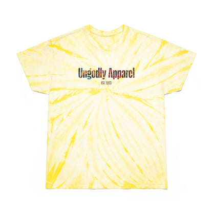 Tie-Dye Tee — Yellow Cyclone Spiral Tee with "Ungodly Apparel" Text