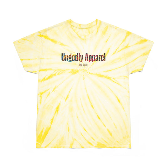 Tie-Dye Tee — Yellow Cyclone Spiral Tee with "Ungodly Apparel" Text