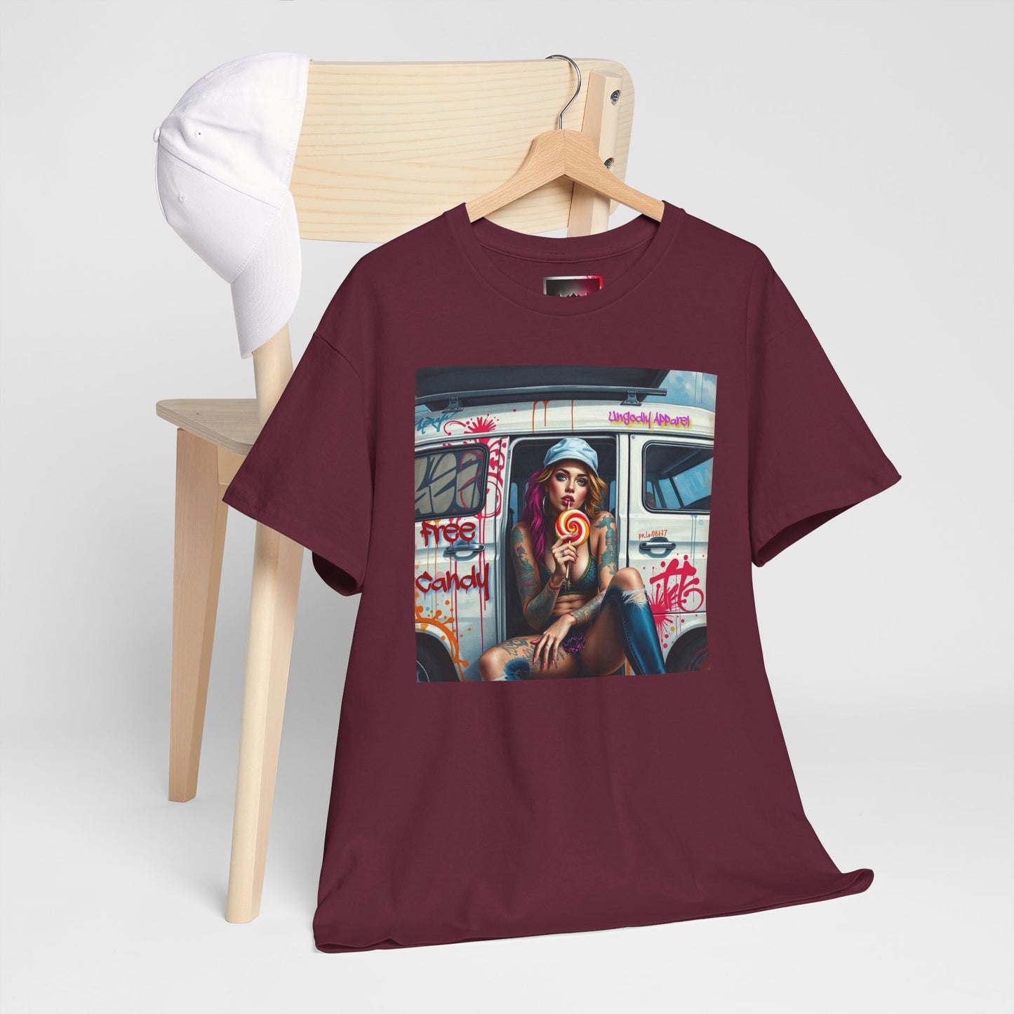 "Free Candy" Street Art Unisex Heavy Cotton Tee, Casual Graphic Shirt, Vintage Style Tee, Unique Gift, Urban Wear, Art Lover Apparel