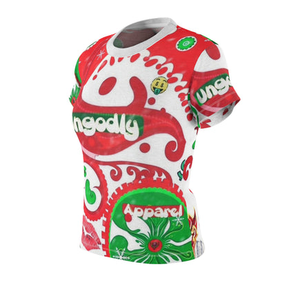 Christmas Graphic Tee — 'Ungodly Apparel' Red & Green All-Over Print Women's Shirt