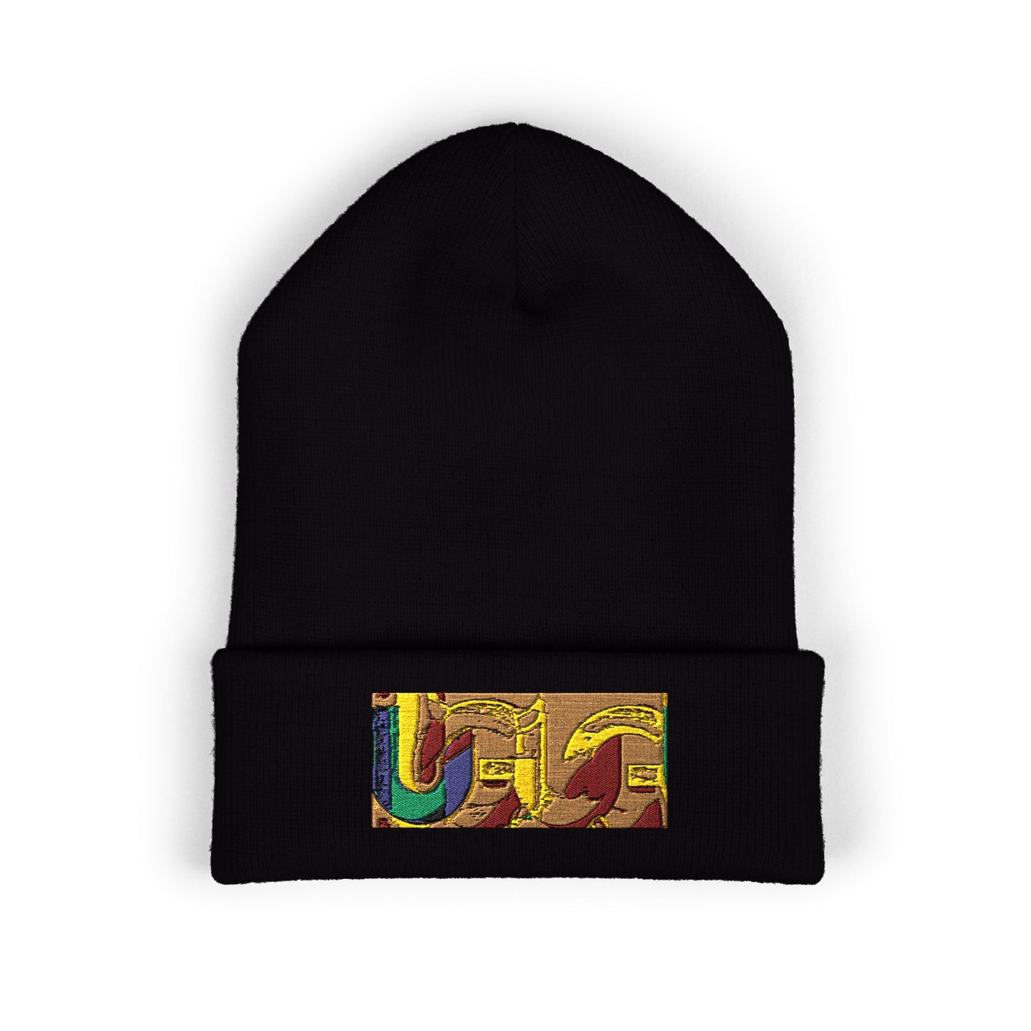 Gold Ungodly Pattern Embroidered Colorblock Abstract Cuffed Beanie