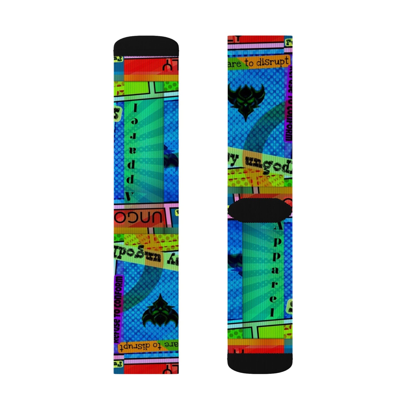 Ungodly Apparel Retro Vaporwave Sublimation Socks — Colorful 90s Cassette & Pixel Art Crew Socks