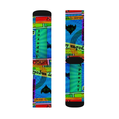 Ungodly Apparel Retro Vaporwave Sublimation Socks — Colorful 90s Cassette & Pixel Art Crew Socks