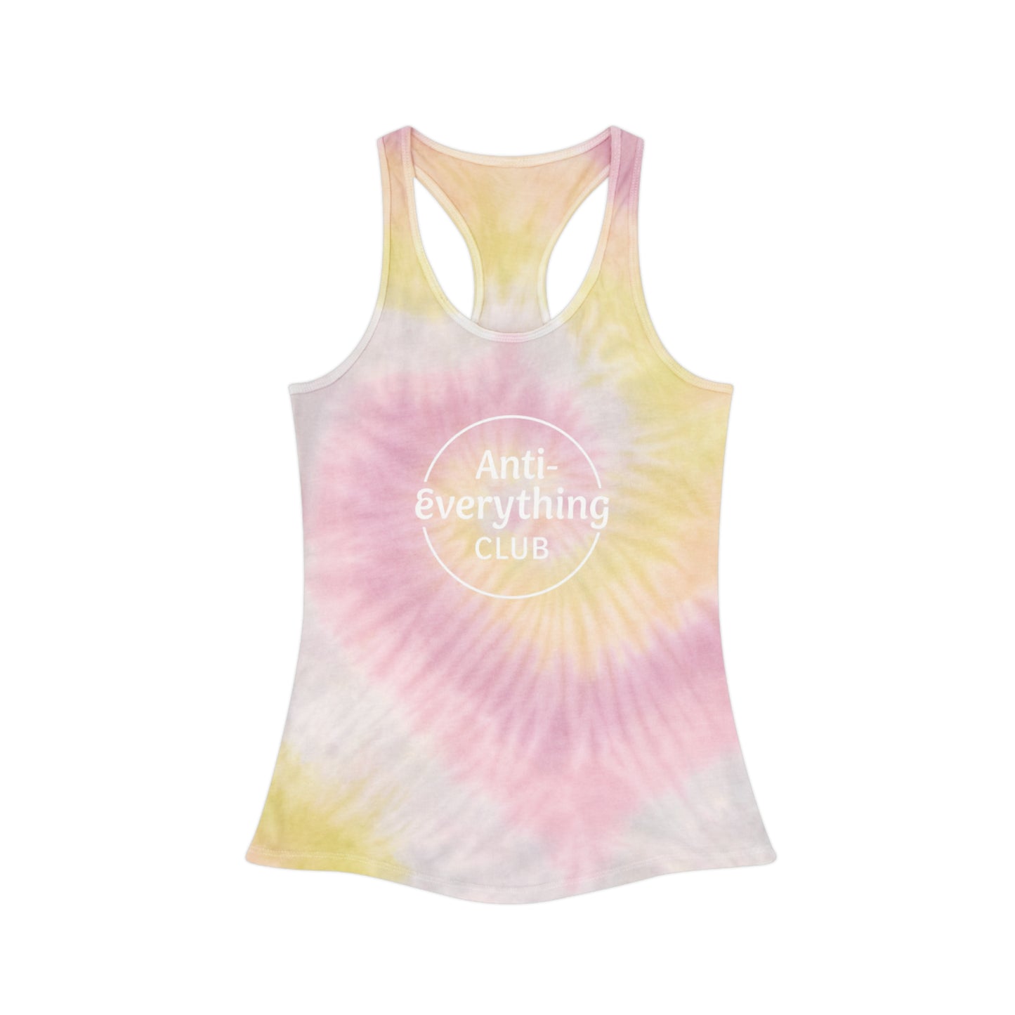"Anti-Everything Club" Light Blue Tie Dye Racerback Tank Top, Casual Beachwear, Summer Vibes, Festival Top, Anti Everything Club