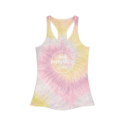 "Anti-Everything Club" Light Blue Tie Dye Racerback Tank Top, Casual Beachwear, Summer Vibes, Festival Top, Anti Everything Club