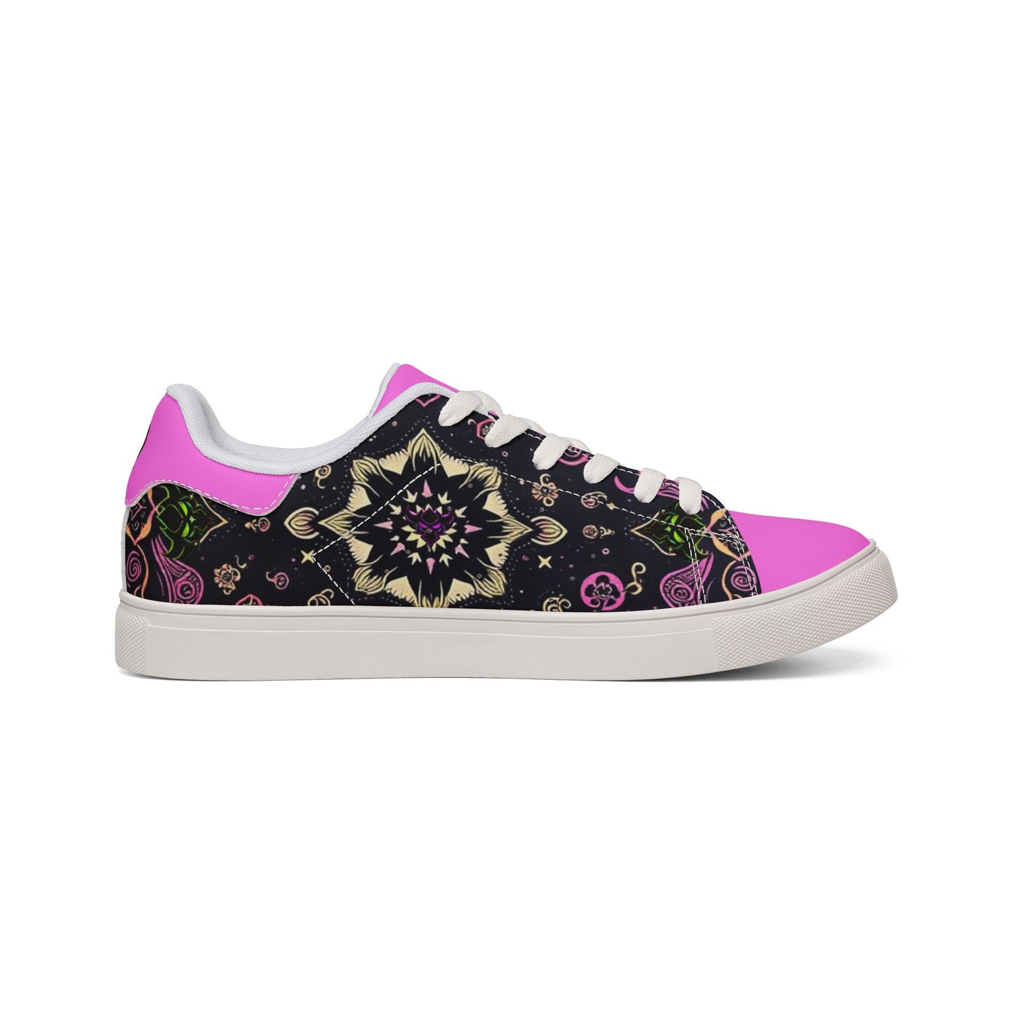 Men's Low-Top Leather Sneakers — Pink Kaleidoscope Floral Design