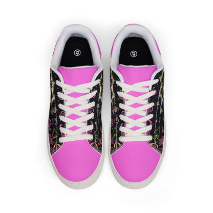 Men's Low-Top Leather Sneakers — Pink Kaleidoscope Floral Design