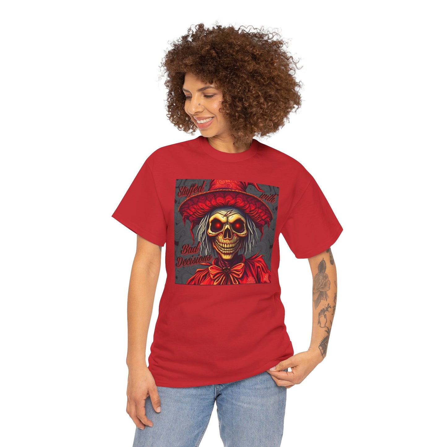 "Stuffed with Bad Decisions" Vintage-Inspired Scarecrow Skull Tee: Perfect for Halloween, Casual Wear, Gifts, Concerts, & Everyday Style