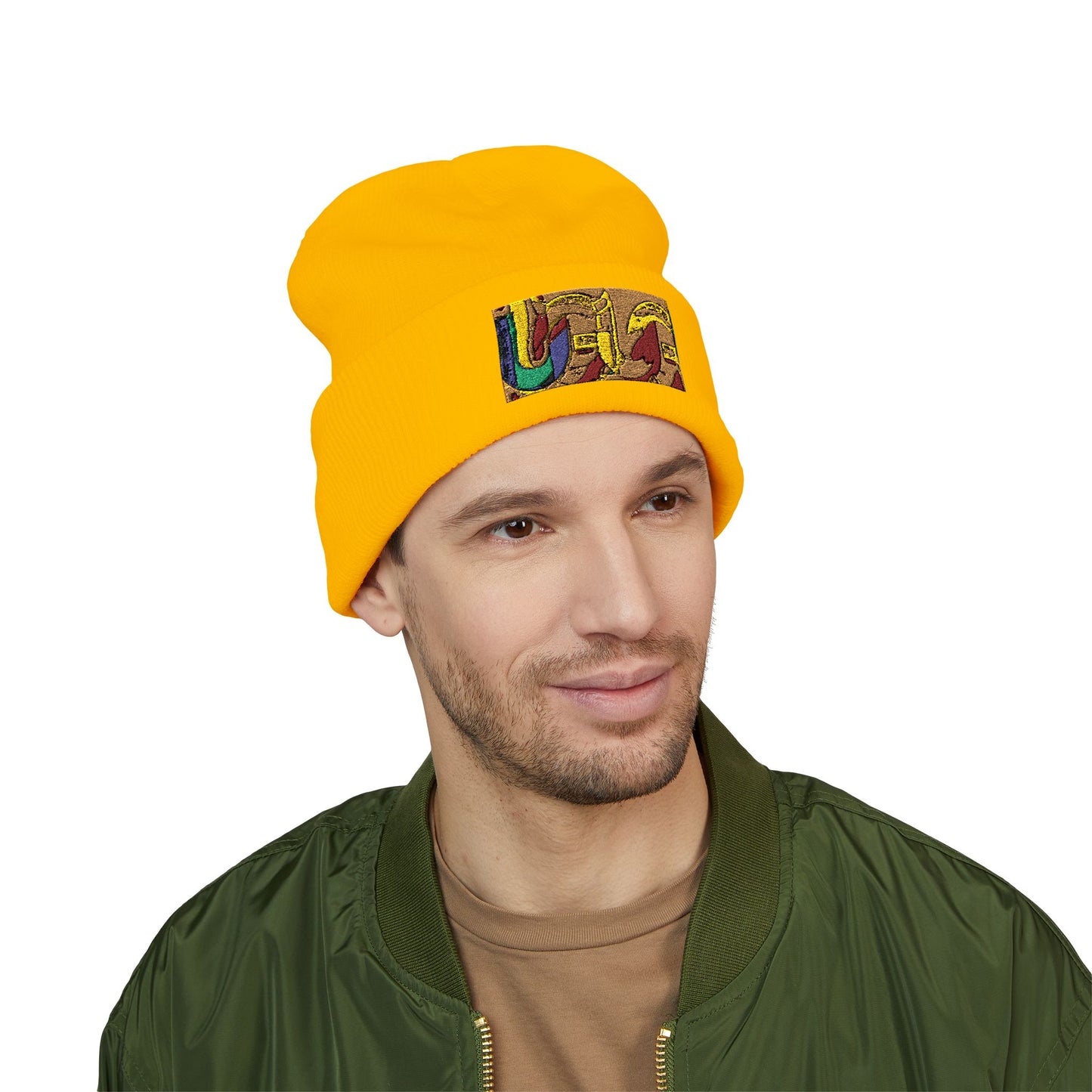 Gold Ungodly Pattern Embroidered Colorblock Abstract Cuffed Beanie