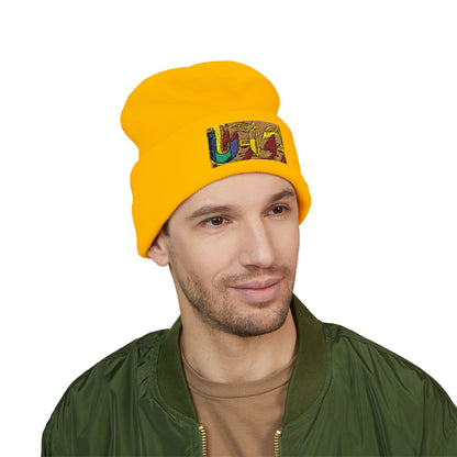 Gold Ungodly Pattern Embroidered Colorblock Abstract Cuffed Beanie