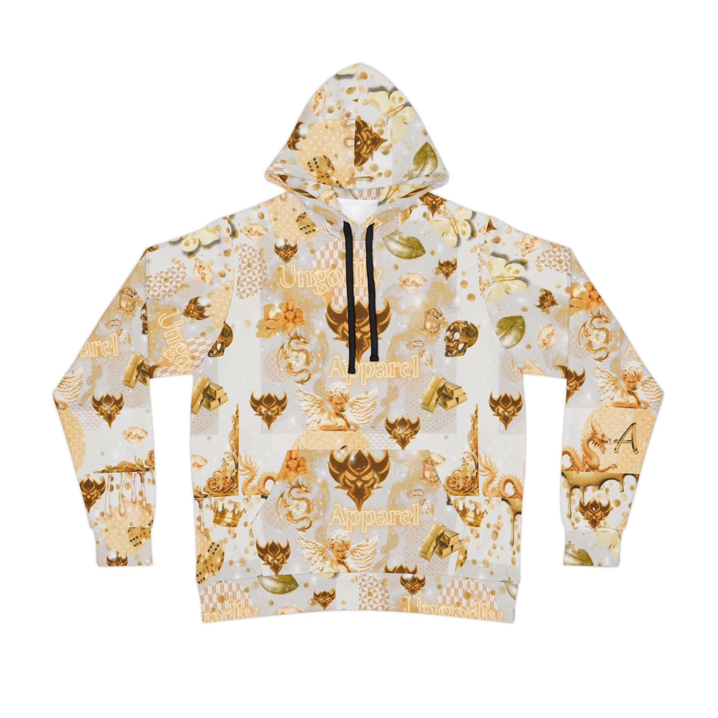 "Ungodly Gold" Gold Skull Pattern Athletic Hoodie – All-Over Print Streetwear