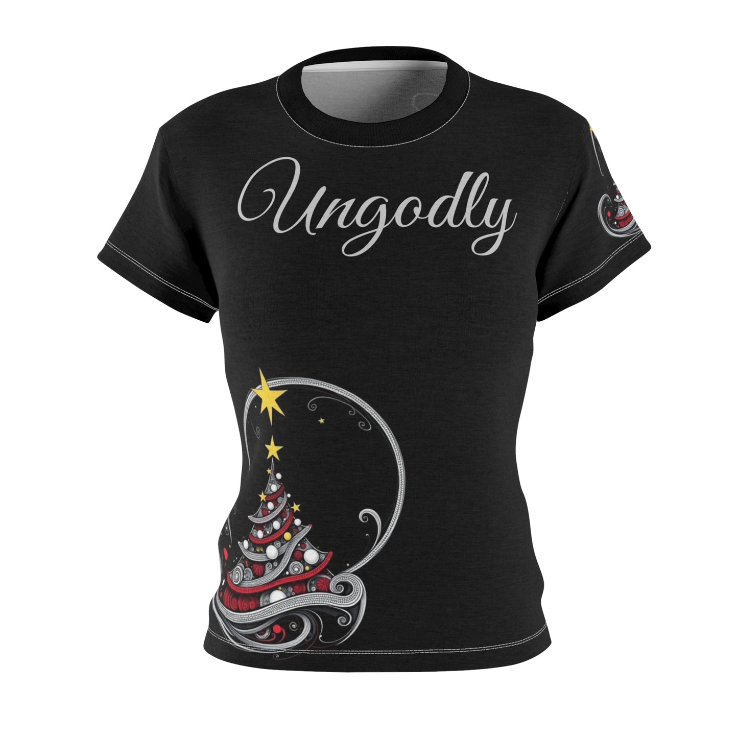 Ungodly Christmas Tee — Women's Black Holiday Cut & Sew Shirt