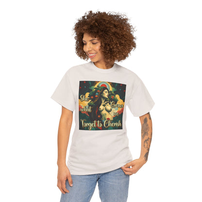 Inspirational Unisex Heavy Cotton Tee - "She Grows What We Forget to Cherish"