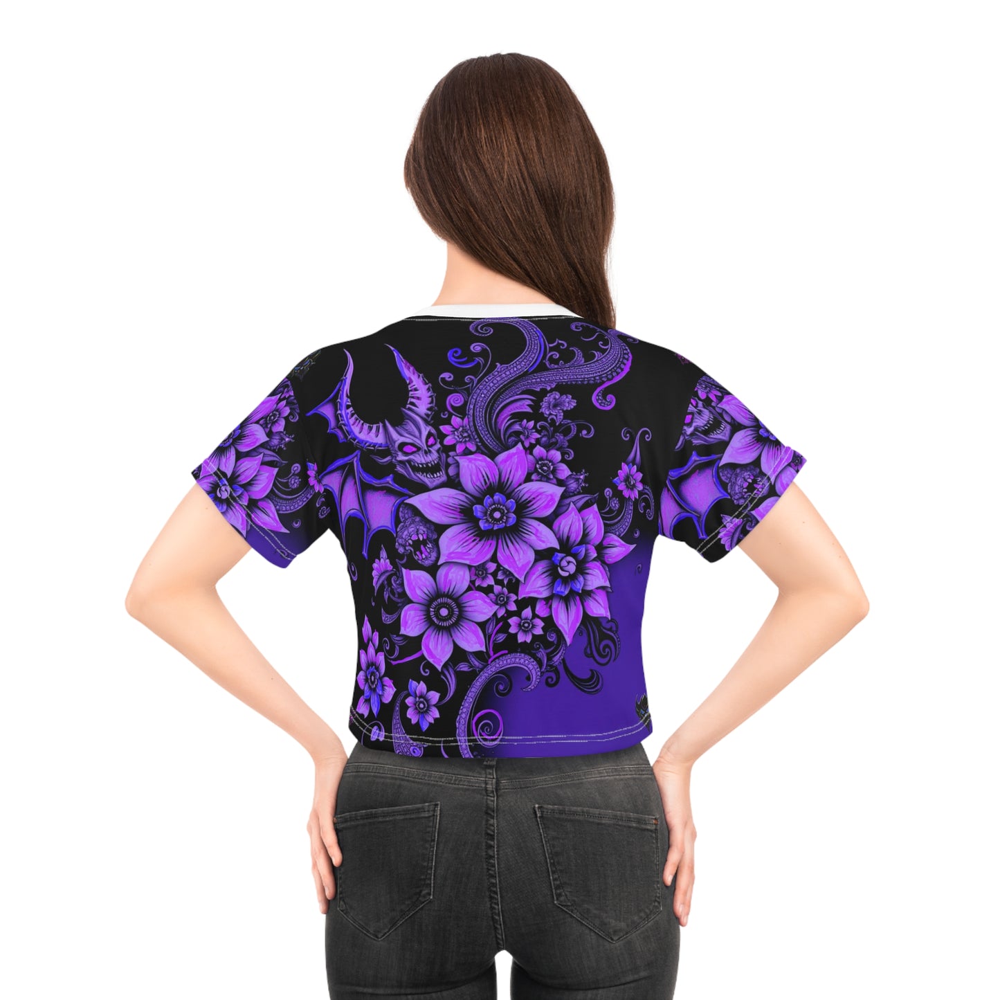 Gothic Floral "Chill of Darkness" Crop Tee - Purple Dragon & Flower Design