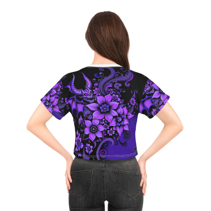 Gothic Floral "Chill of Darkness" Crop Tee - Purple Dragon & Flower Design