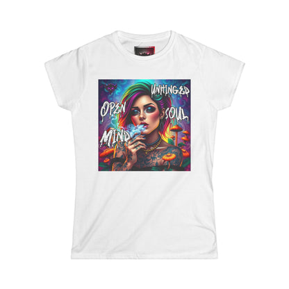 "Open Mind Unhinged Soul" Women's Softstyle Tee - Colorful Tattoo Art T-Shirt