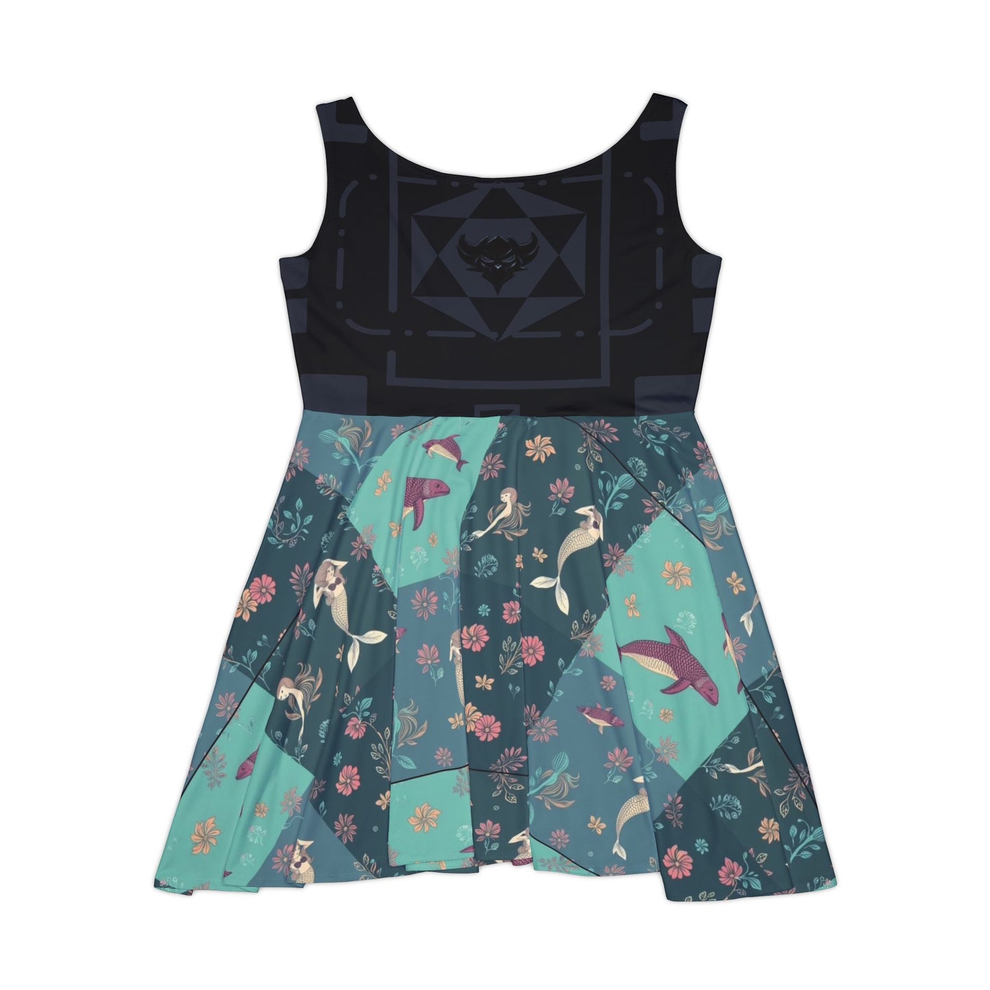 Mermaid & Sea Bird Floral Skater Dress — Teal Patchwork