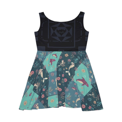 Mermaid & Sea Bird Floral Skater Dress — Teal Patchwork