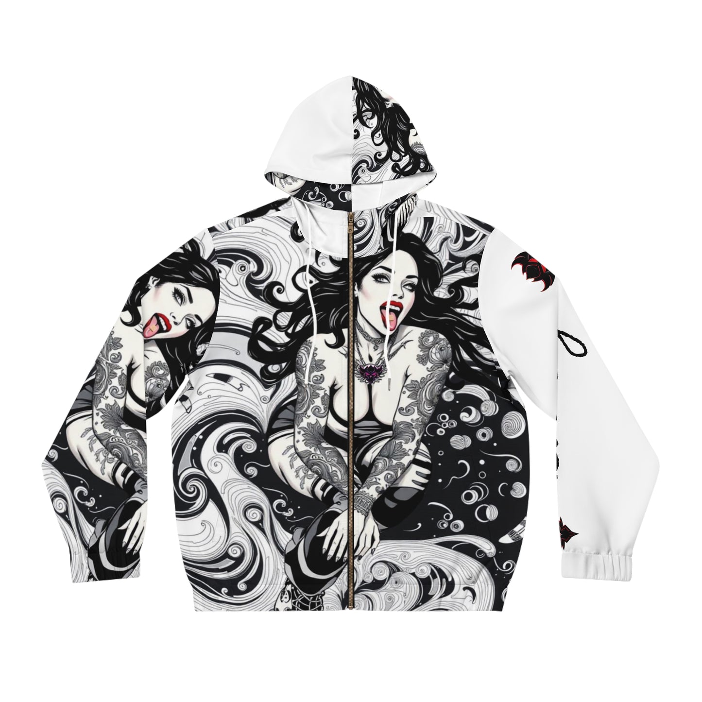 "Rolling" Gothic Mermaid Full-Zip Hoodie - Edgy Tattoo Design for Men/Unisex